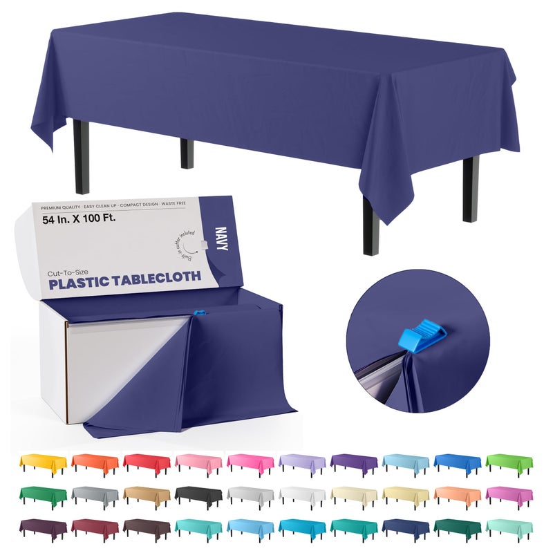 Party Solids Exquisite Party Solids 54 Inch X 100 Feet Navy Plastic Table Cover Roll in A Cut  to  Size Box with Convenient Slide Cutter Cuts Up to 12 Rectangle 8 Feet Plastic Disposable Tablecloths