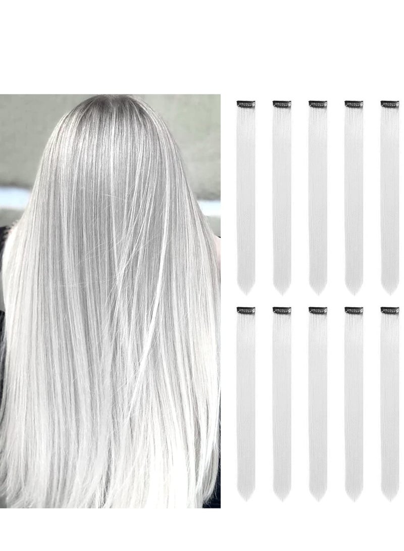 كاست ويف 10 قطع من وصلات الشعر الأبيض، وصلات شعر مستقيمة مقاس 22 بوصة، مشبك للشعر المستعار، قطع شعر مستقيمة، مشبك للحفلات التنكرية للفتيات والنساء - Image 1