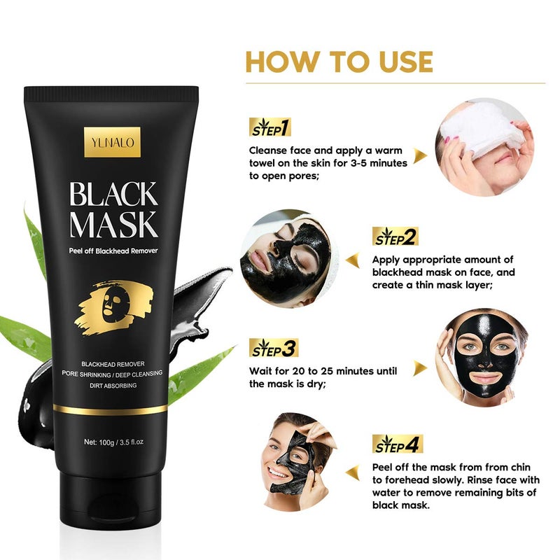 YLNALO Blackhead Remover Mask Kit, Charcoal Peel Off Facial Mask with Brush and Pimple Extractors, Deep Cleansing for Face Nose Blackhead Pores Acne, For All Skin Types (3.5 Fl.oz) - Image 4
