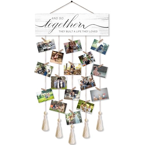 Gwisml Family Picture Frames Collage Wall Decor,Clip Photo Holders for Wall,Wooden Hanging Photo Display with 16 Clips 5 Strings,And So Together They Built A Life They Loved Sign Wall Decor - Image 1