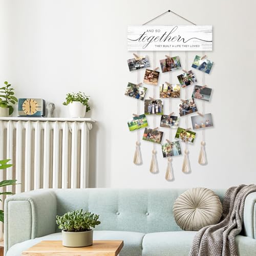 Gwisml Family Picture Frames Collage Wall Decor,Clip Photo Holders for Wall,Wooden Hanging Photo Display with 16 Clips 5 Strings,And So Together They Built A Life They Loved Sign Wall Decor - Image 4