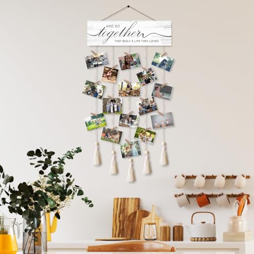 Gwisml Family Picture Frames Collage Wall Decor,Clip Photo Holders for Wall,Wooden Hanging Photo Display with 16 Clips 5 Strings,And So Together They Built A Life They Loved Sign Wall Decor - Image 5