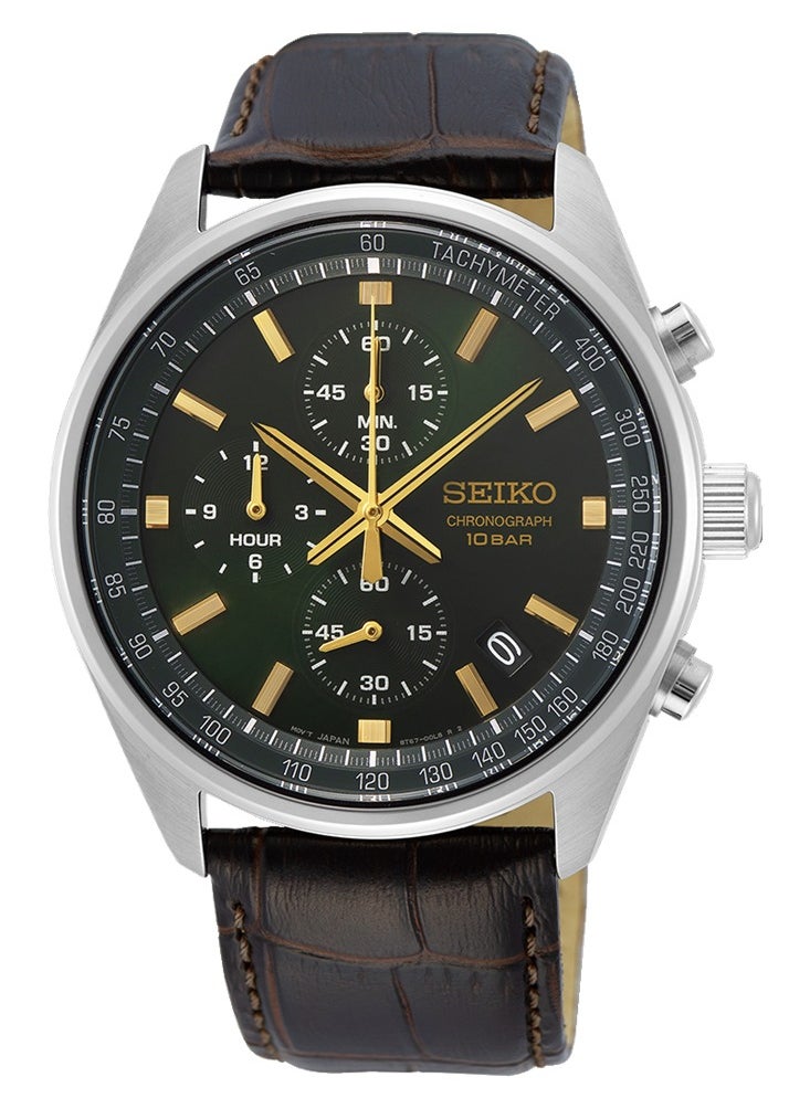 Seiko Chronograph Quartz Green Dial Leather Strap Men's Watch SSB385P1  - Image 1