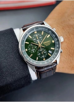 Seiko Chronograph Quartz Green Dial Leather Strap Men's Watch SSB385P1  - Image 2