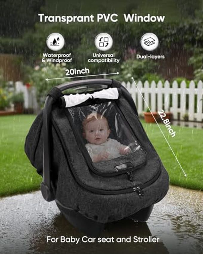 TinlyFinly Waterproof Car Seat Cover For Baby, 2-Layer Car Seat Rain Cover With Clear Window & Sunshade & Mesh Cover, Universal Infant Carseat Canopy For Stroller, Protect From Rain And Snow Black - Image 2