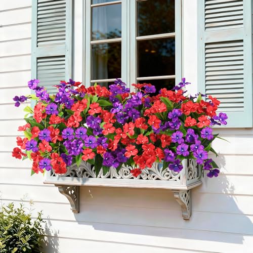 ZFProcess Artificial Impatiens Flowers for Outdoors, 6 Bundles Silk Fake Flowers for Spring Summer Decoration, UV Resistant Faux Plants Plastic Bouquet for Home Planter Porch Patio Yard Decor(Red Purple) - Image 4