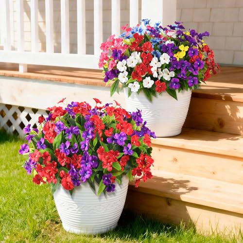 ZFProcess Artificial Impatiens Flowers for Outdoors, 6 Bundles Silk Fake Flowers for Spring Summer Decoration, UV Resistant Faux Plants Plastic Bouquet for Home Planter Porch Patio Yard Decor(Red Purple) - Image 2