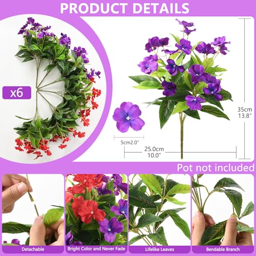 ZFProcess Artificial Impatiens Flowers for Outdoors, 6 Bundles Silk Fake Flowers for Spring Summer Decoration, UV Resistant Faux Plants Plastic Bouquet for Home Planter Porch Patio Yard Decor(Red Purple) - Image 3