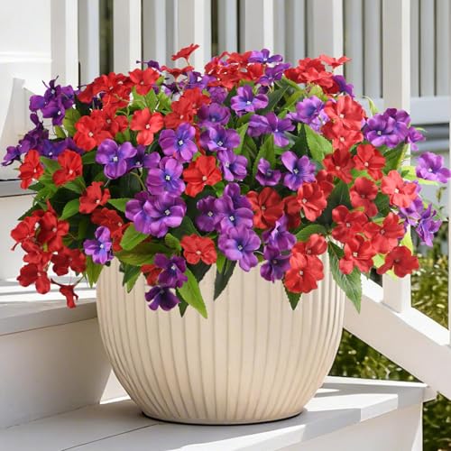 ZFProcess Artificial Impatiens Flowers for Outdoors, 6 Bundles Silk Fake Flowers for Spring Summer Decoration, UV Resistant Faux Plants Plastic Bouquet for Home Planter Porch Patio Yard Decor(Red Purple) - Image 1