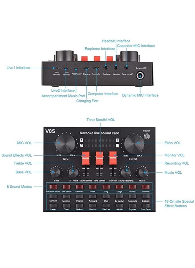 دوسالا - V8S External Live Sound Card Mini Sound Mixer Board for Live Broadcasting Karaoke Singing Music Recording with 16 Funny Sound Effects BT Connection for Smartphone Laptop PC - Image 1