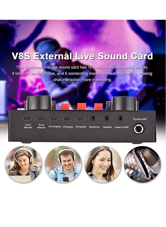 دوسالا - V8S External Live Sound Card Mini Sound Mixer Board for Live Broadcasting Karaoke Singing Music Recording with 16 Funny Sound Effects BT Connection for Smartphone Laptop PC - Image 1