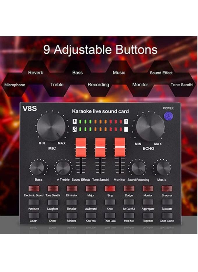 دوسالا - V8S External Live Sound Card Mini Sound Mixer Board for Live Broadcasting Karaoke Singing Music Recording with 16 Funny Sound Effects BT Connection for Smartphone Laptop PC - Image 1