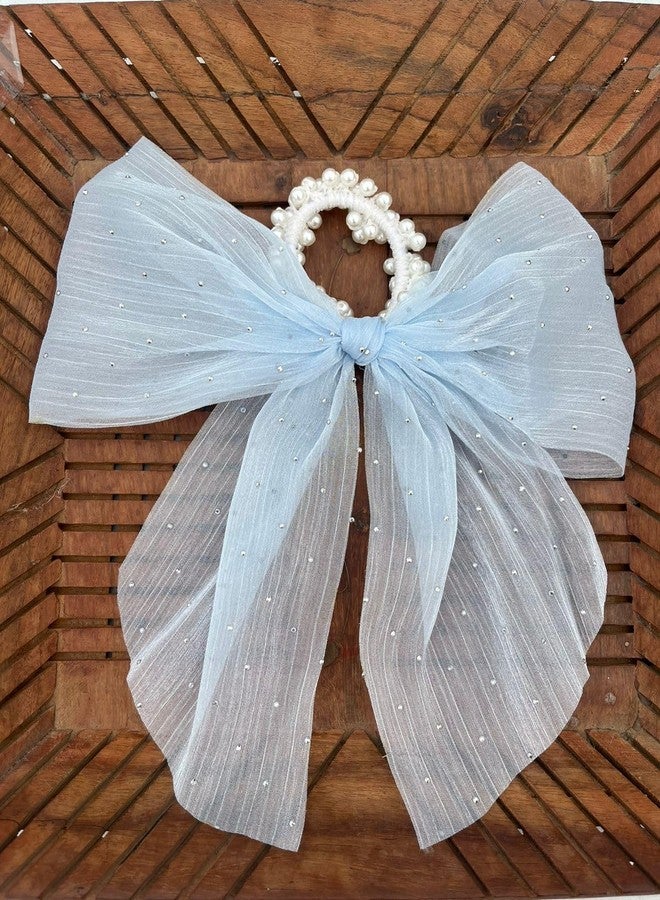 Radhya Accessories Korean Pearl Rubberband Bow Tail Scrunchies for Women Elastic hairband Hair ties for Girls Korean hair accessories (1 pc) (Blue) - Image 1
