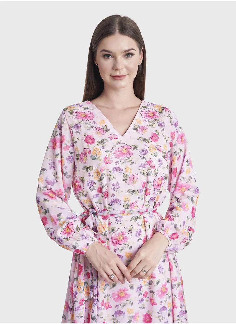 كشخة Floral Print Chiffon Long Dress
