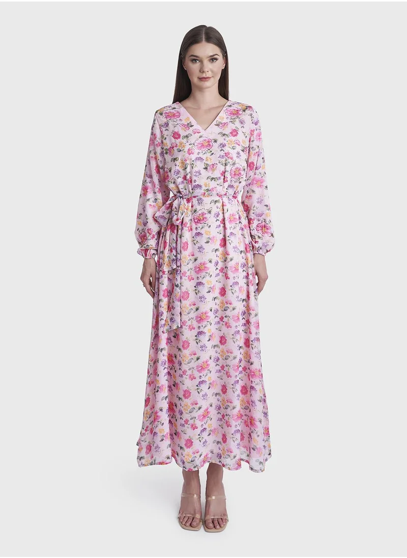 كشخة Floral Print Chiffon Long Dress