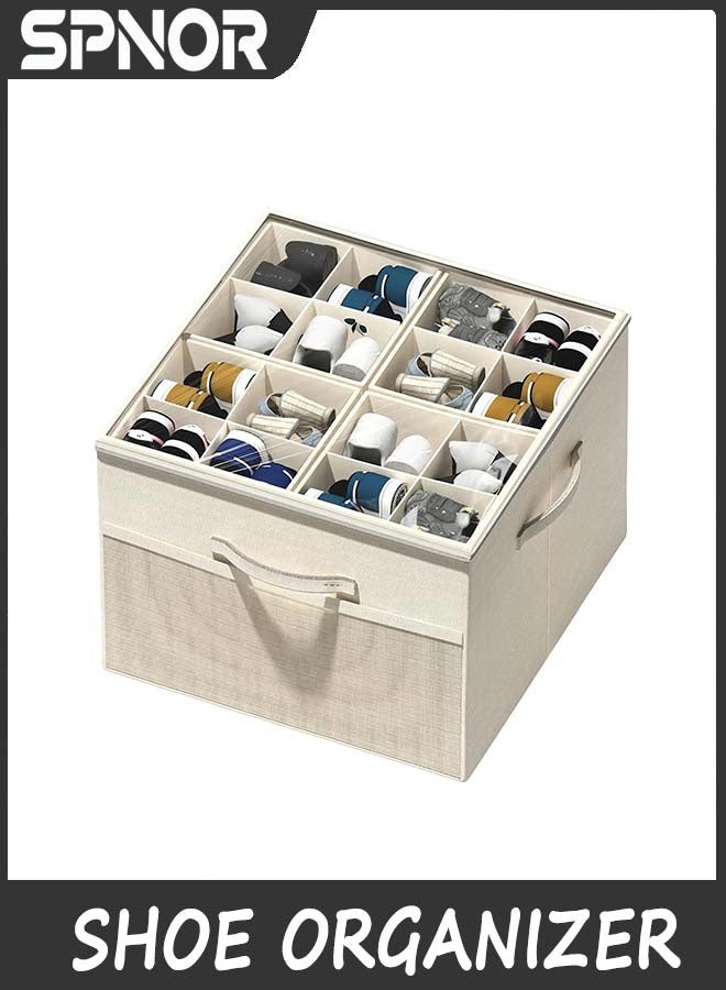 Spnor Shoe Organizer for Closet,Foldable Shoe Storage Organizer Box Bin with Adjustable Dividers and Clear Cover, Fits up to 16-32 Pairs, (Beige) - Image 1
