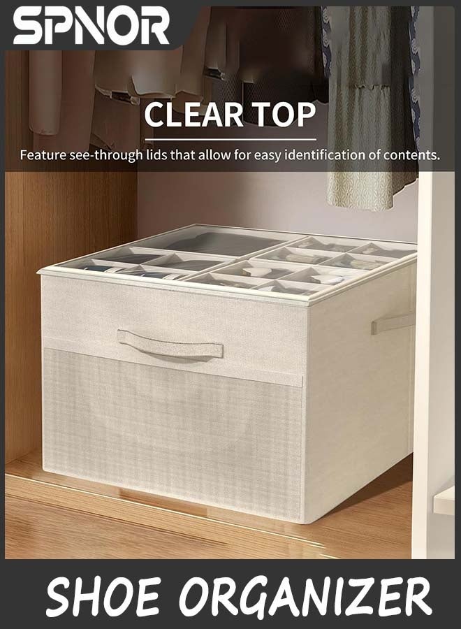 Spnor Shoe Organizer for Closet,Foldable Shoe Storage Organizer Box Bin with Adjustable Dividers and Clear Cover, Fits up to 16-32 Pairs, (Beige) - Image 4