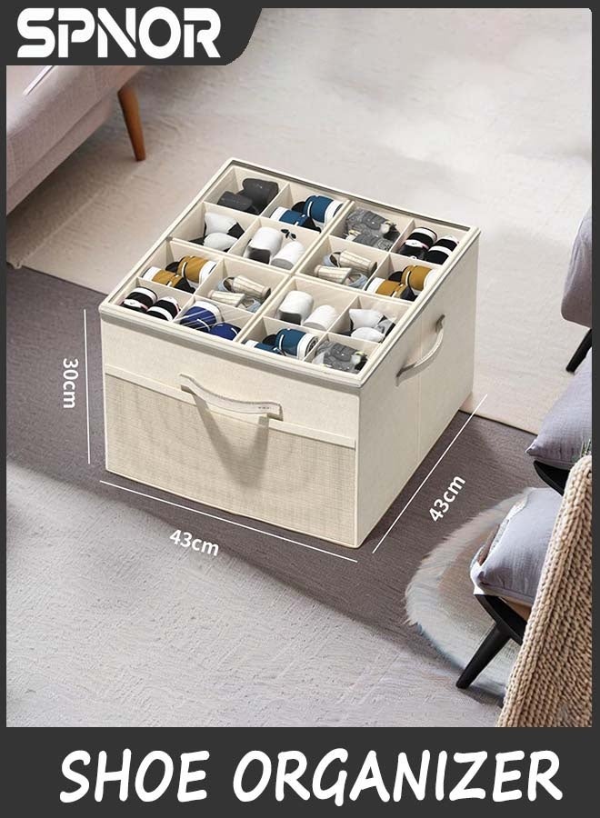 Spnor Shoe Organizer for Closet,Foldable Shoe Storage Organizer Box Bin with Adjustable Dividers and Clear Cover, Fits up to 16-32 Pairs, (Beige) - Image 3