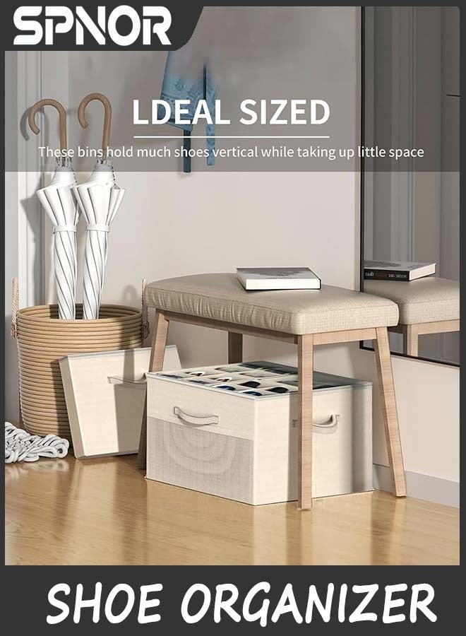 Spnor Shoe Organizer for Closet,Foldable Shoe Storage Organizer Box Bin with Adjustable Dividers and Clear Cover, Fits up to 16-32 Pairs, (Beige) - Image 2