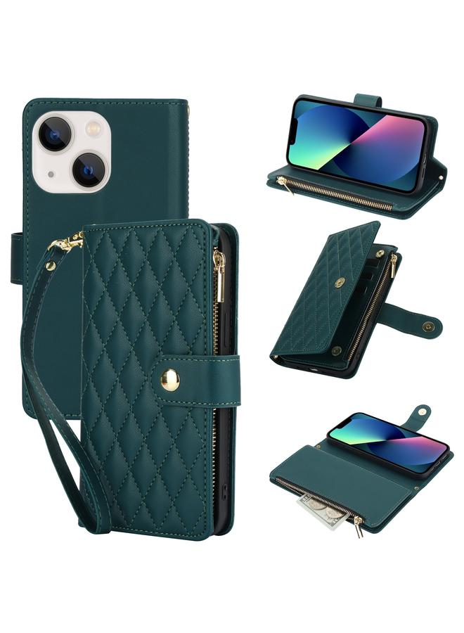 اس-توب جراب هاتف iPhone 13 mini YM016 محفظة بطاقات بسحاب معيني من الجلد مع حبل تعليق - Image 1