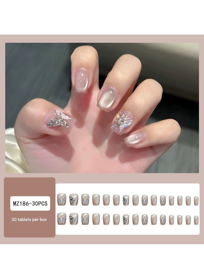 Goolsky Soft Mauve Cat Eye Press On Nails Rhinestone Butterfly Short Fake Nail Tips 30pcs  - Image 1