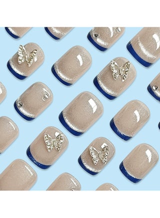 Soft Mauve Cat Eye Press On Nails – Rhinestone Butterfly Short Fake Nail Tips 30pcs, Reusable Elegant Style - view 2