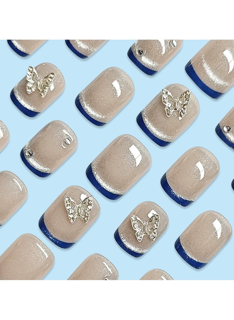Goolsky Soft Mauve Cat Eye Press On Nails Rhinestone Butterfly Short Fake Nail Tips 30pcs  - Image 2