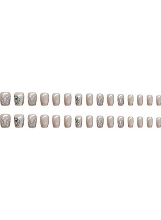 Soft Mauve Cat Eye Press On Nails – Rhinestone Butterfly Short Fake Nail Tips 30pcs, Reusable Elegant Style - view 3