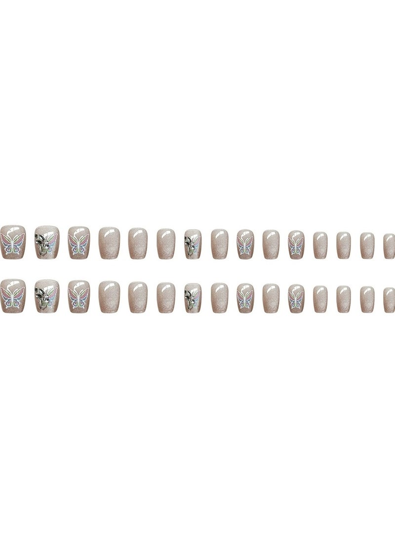 Goolsky Soft Mauve Cat Eye Press On Nails Rhinestone Butterfly Short Fake Nail Tips 30pcs  - Image 3