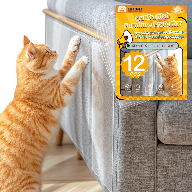 LIHBIH Anti Cat Scratch Furniture Protector, 12 Pcs Self-Adhesive Couch Protector for Cat Claws, Heavy Duty Couch Cover Furniture Protectors from Cats Scratching Tape for Sofa, Corner, Door, Chair - Image 1