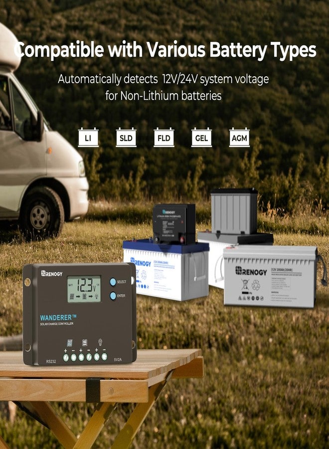 Renogy Wanderer 10A Solar Charge Controller - 12V/24V PWM Auto-Detect, LCD Display, USB & Lithium Support, Waterproof for RV Marine Off-Grid - Image 5
