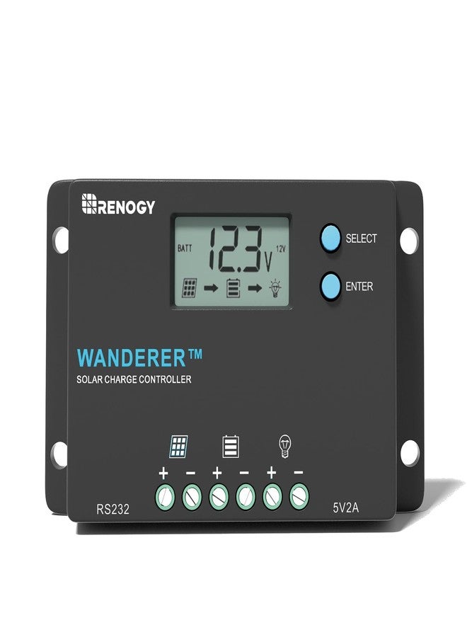 Renogy Wanderer 10A Solar Charge Controller - 12V/24V PWM Auto-Detect, LCD Display, USB & Lithium Support, Waterproof for RV Marine Off-Grid - Image 1