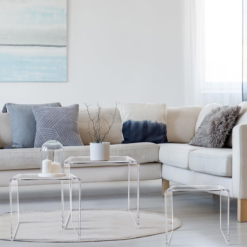 مجموعة باري دات من 3 طاولات متداخلة طاولة جانبية من الأكريليك الشفاف طاولة قهوة حديثة مكتب شفاف مع زوايا مستديرة طاولة جانبية مستطيلة شفافة وكرسي لغرفة المعيشة وغرفة النوم والمكتب المنزلي