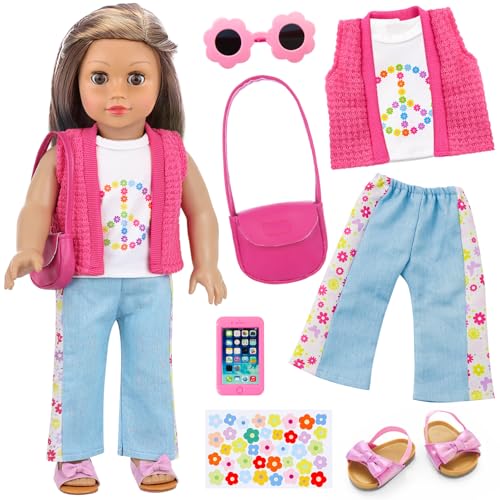 Ecore Fun American 18 Inch Doll Clothes and Accessories 8 Pcs 18 Inch Doll Girl Clothes Set Include Sweater Vest White Vest Jeans Sandals Shoulder Bag Mobile Phone Sticker Sunglasses - Image 1