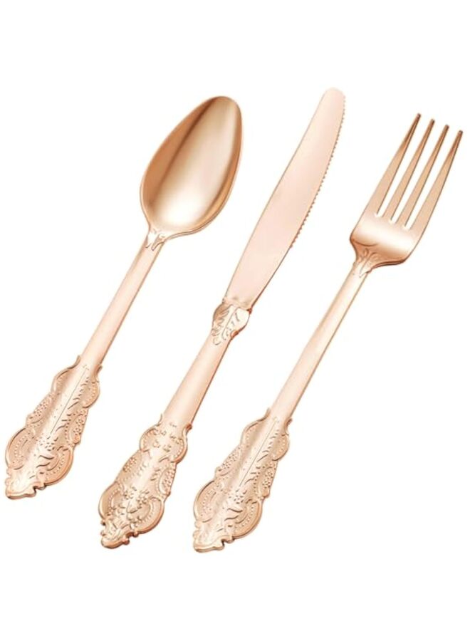 150PCS Rose Gold Plastic Silverware for 50 Guests, Heavy Duty Rose Gold Disposable Utensils Sets, Includes 50 Forks, 50 Spoons, 50 Knives, Elegant Cutlery Perfect for Wedding, Party - Image 1
