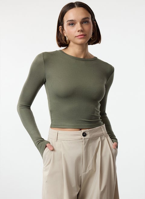 Khaki Premium Viscose Crew Neck Crop Stretchy Knitted Blouse