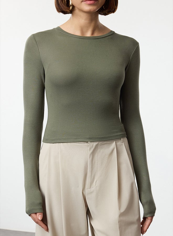 trendyol Khaki Premium Viscose Crew Neck Crop Stretchy Knitted Blouse - Image 4