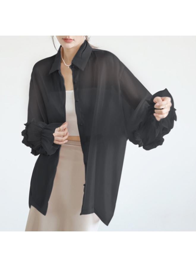 VUELO Sun-protective Clothing Women's Summer Lotus Leaf Lace Sleeve Shirt Collar Gentle Elegant Super Fairy Western Style Perspective Lazy Chiffon Cardigan  - Image 2