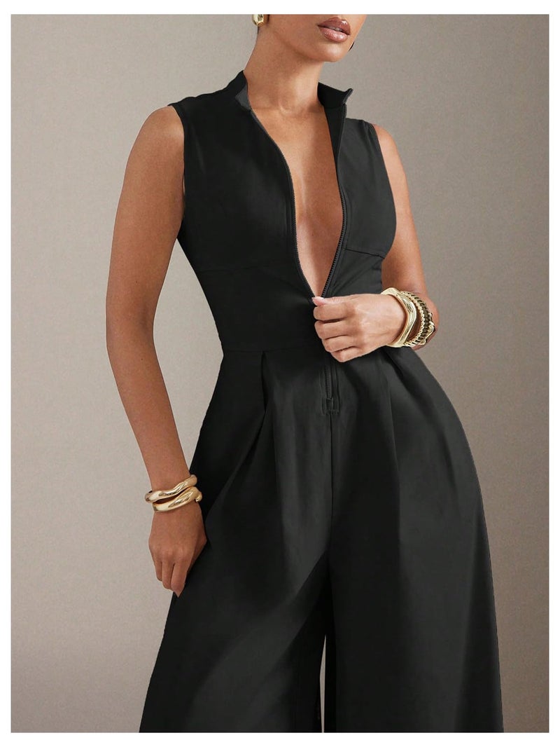Verdusa Women's Zip Up Wide Leg Jumpsuits Sleeveless One Piece Jumpsuit Formal Dressy Casual Spring Outfits Black Large - Image 5