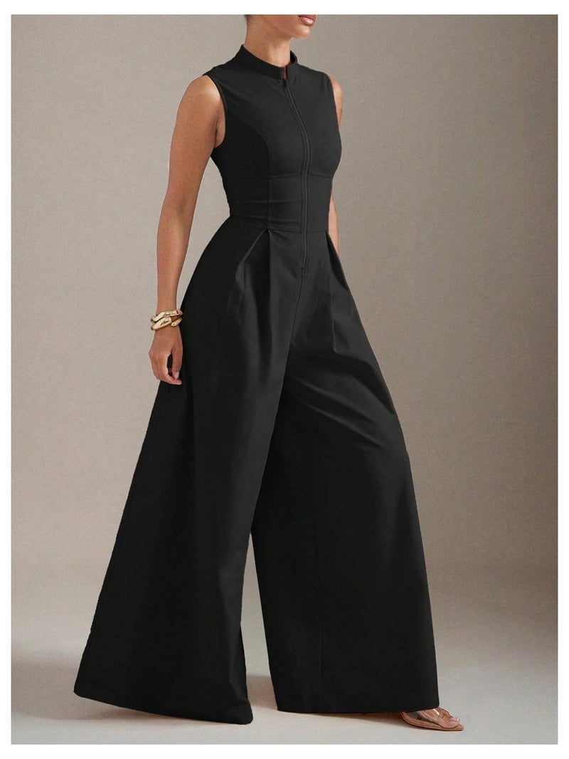 Verdusa Women's Zip Up Wide Leg Jumpsuits Sleeveless One Piece Jumpsuit Formal Dressy Casual Spring Outfits Black Large - Image 3