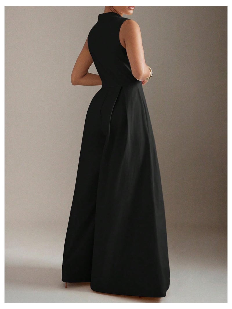 Verdusa Women's Zip Up Wide Leg Jumpsuits Sleeveless One Piece Jumpsuit Formal Dressy Casual Spring Outfits Black Large - Image 2