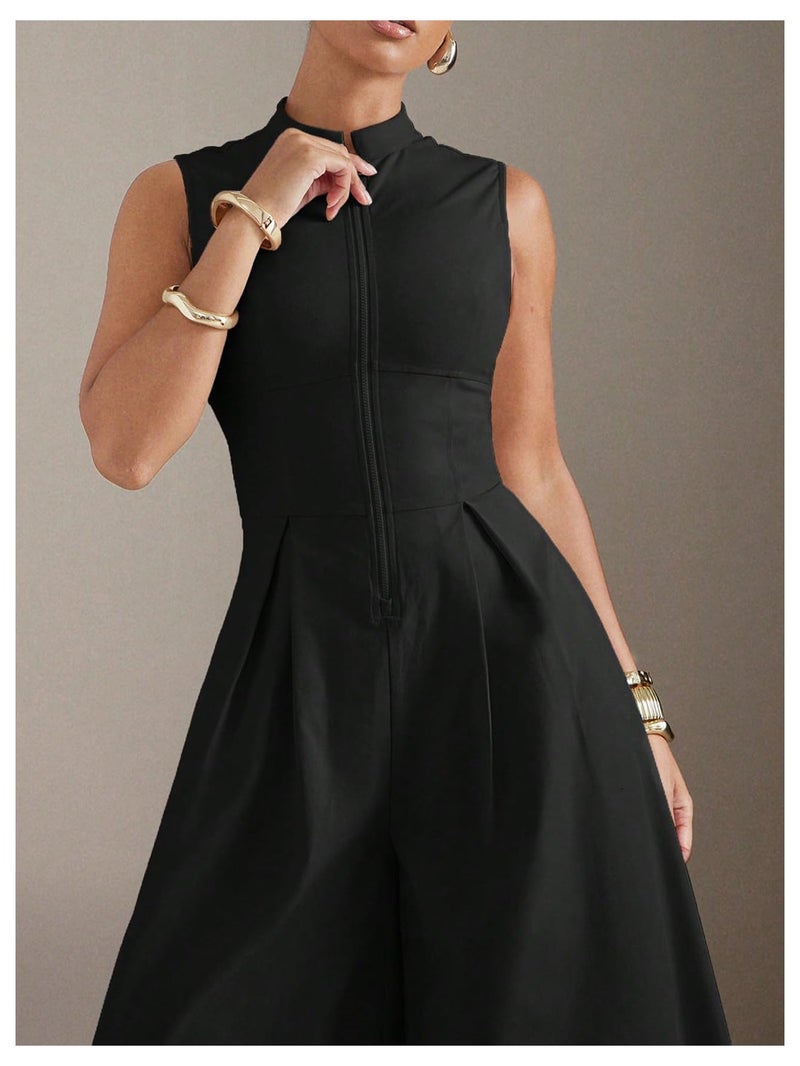 Verdusa Women's Zip Up Wide Leg Jumpsuits Sleeveless One Piece Jumpsuit Formal Dressy Casual Spring Outfits Black Large - Image 4