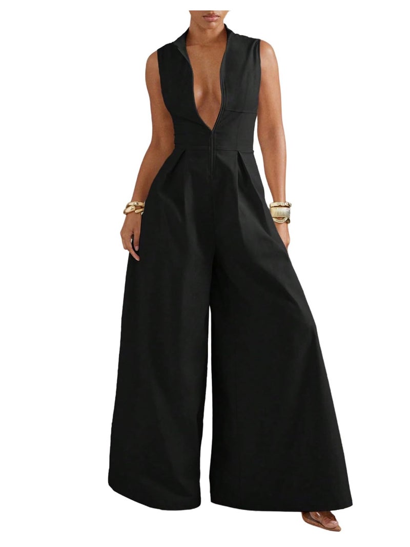 Verdusa Women's Zip Up Wide Leg Jumpsuits Sleeveless One Piece Jumpsuit Formal Dressy Casual Spring Outfits Black Large - Image 1
