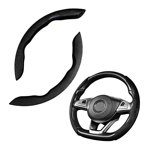 LoyaForba Car Steering Wheel Cover Microfiber Suede Leather and Carbon Fiber Double Sided Design Warm in Winter and Cool in Summer Breathable Non Slip Segmented Protector for Most Cars Turn FurBlack - Image 1