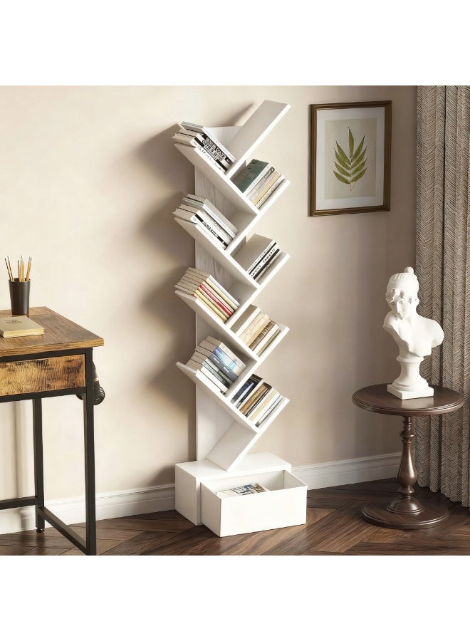 YQbest 8 Tier Tree Bookshelf, 8 Shelf Bookcase with Drawer, Modern Book Storage, Free Standing Tree Bookcase, Utility Book Organizer Shelves for Home Office, Living Room, Bedroom - Image 1