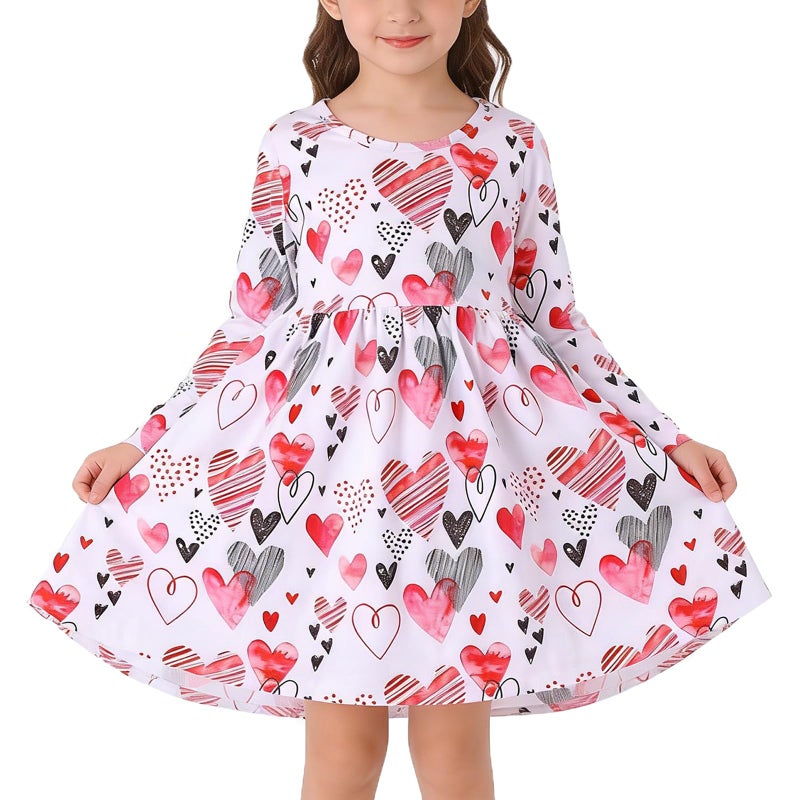 DACSOIT Valentines Toddler Girl Dress Love Hearts Print Ruffle Bottom Long Sleeve Casual Dress 5-6Y - Image 1