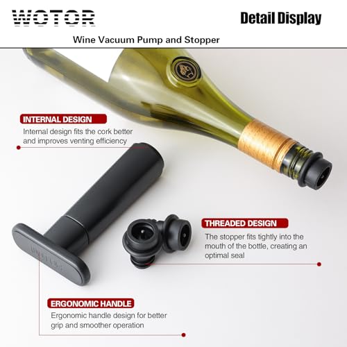 WOTOR Wine Saver Vacuum Pump with 4 Stoppers, Wine Stopper & Preserver, Reusable Bottle Sealer Keeps Fresh, Ideal Accessories Gift (Flat Handle) - Image 3