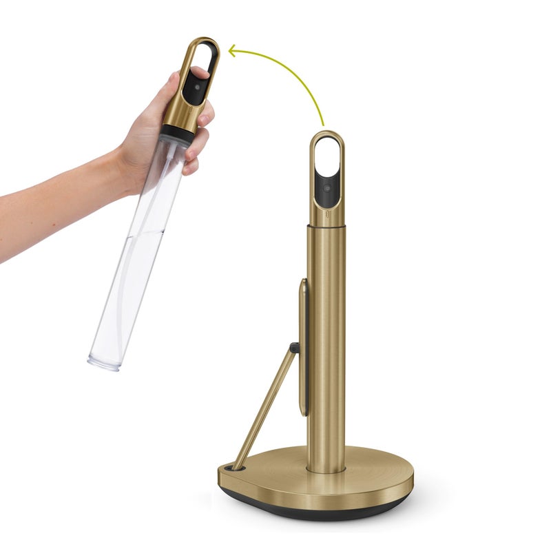 simplehuman Paper Towel Holder with Spray AllinOne Countertop Paper Towel and Cleaner Dispenser 6 oz Refillable Pump OneHanded Tear Weighted Base Brass - Image 2