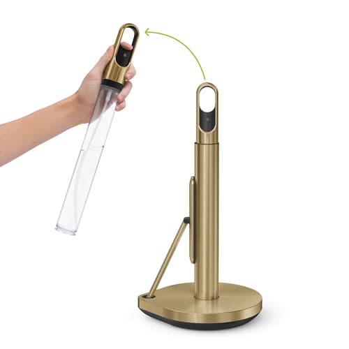 simplehuman Paper Towel Holder with Spray AllinOne Countertop Paper Towel and Cleaner Dispenser 6 oz Refillable Pump OneHanded Tear Weighted Base Brass - Image 1