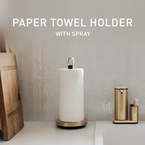 simplehuman Paper Towel Holder with Spray AllinOne Countertop Paper Towel and Cleaner Dispenser 6 oz Refillable Pump OneHanded Tear Weighted Base Brass - Image 3
